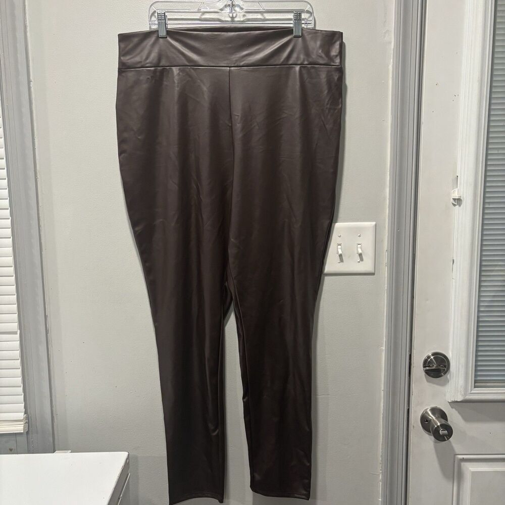 Julia Women’s Plus 3X Brown Solid Ankle Leggings Polyester/Spandex Faux Leather